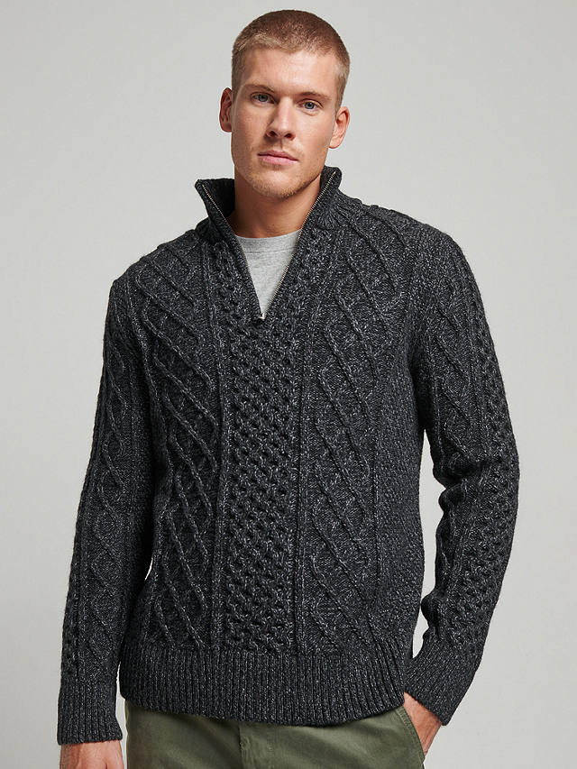 Superdry Wool Blend Cable Henley Jumper, Charcoal Black Twist at John ...