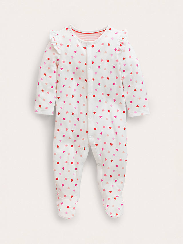Mini Boden Baby Heart Print Frill Sleepsuit, Ivory/Multi