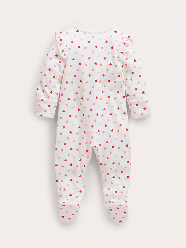 Mini Boden Baby Heart Print Frill Sleepsuit, Ivory/Multi