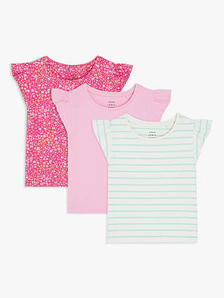 John Lewis Kids' Floral/Plain/Stripe Frill Sleeve T-Shirts, Pack of 3, Multi
