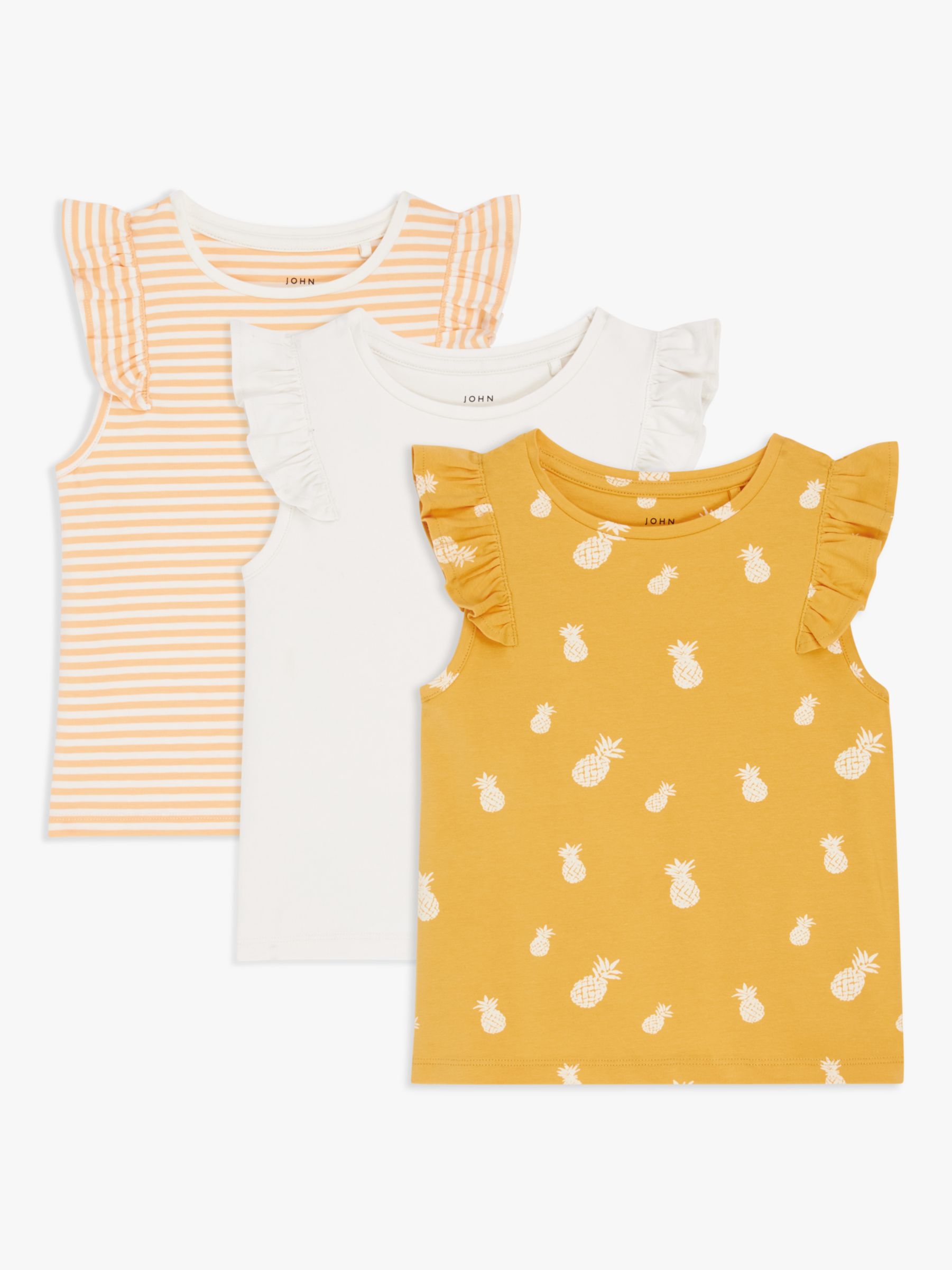 John Lewis Kids' Stripe/Plain/Pineapple Frill Sleeve T-Shirts, Pack of 3, Multi