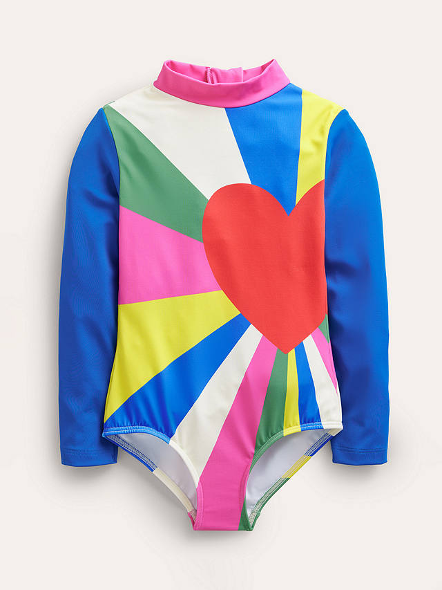 Boden Kids' Rainbow Heart Long Sleeve Swimsuit, Multi