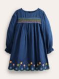 Mini Boden Kids' Smocked Embroidered Dress, Navy/Multi