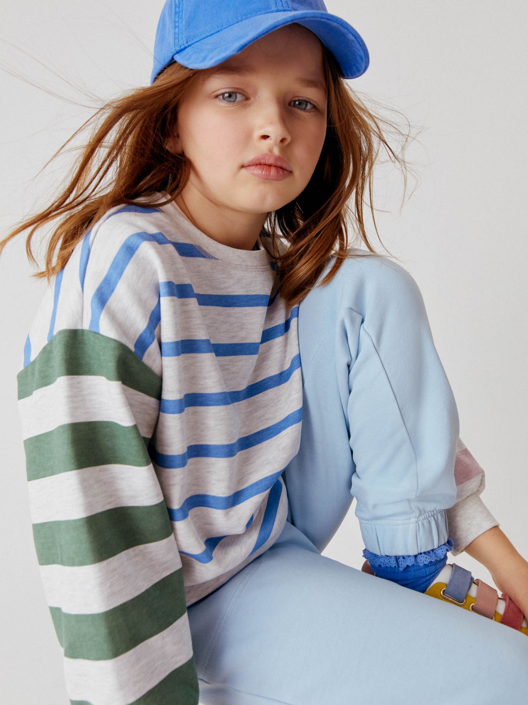 Mini Boden Kids' Stripe Volume Sleeve Sweatshirt, Oatmeal/Blue