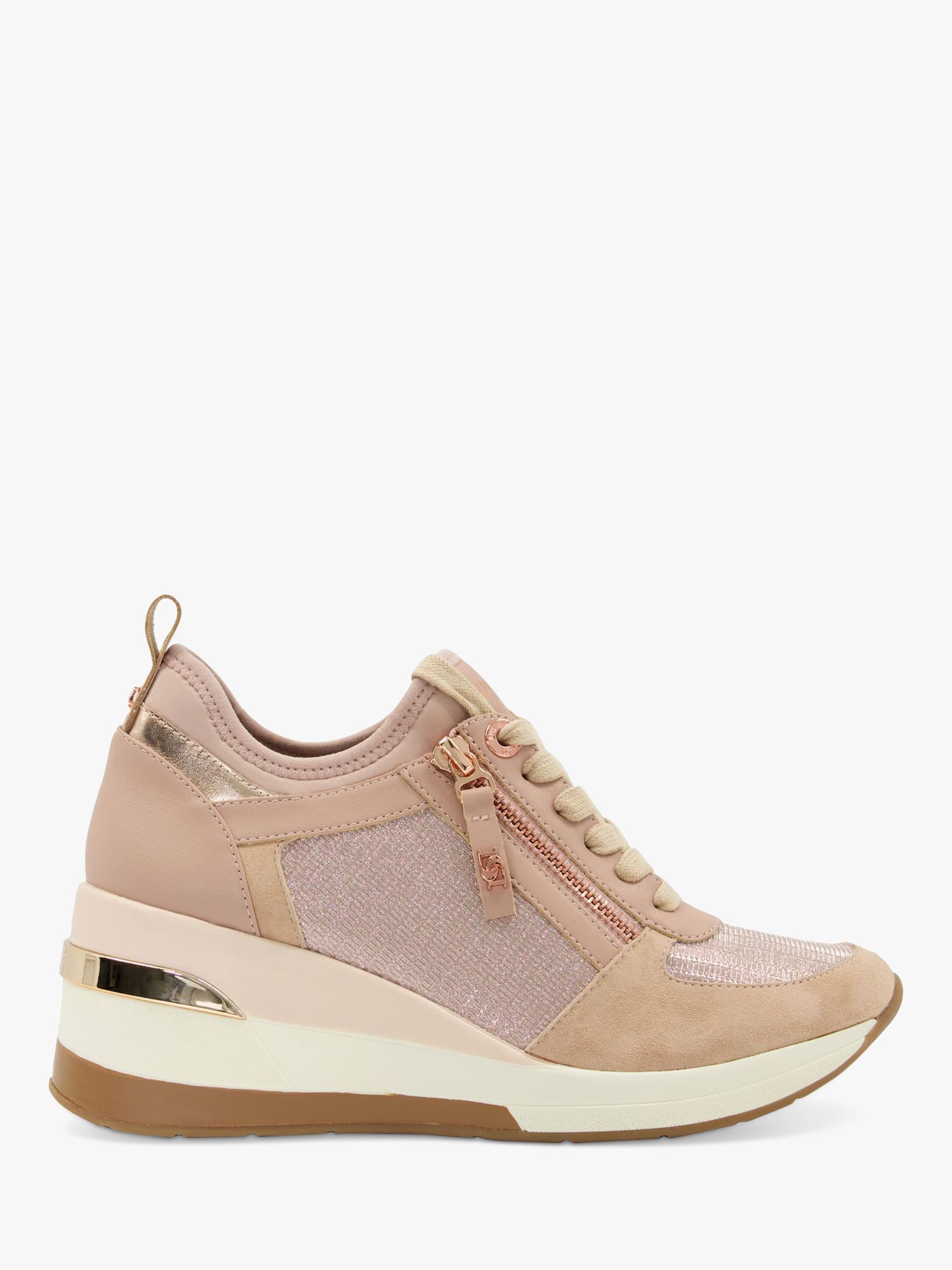 Dune Eilin Leather Wedge Heel Trainers, Rose Gold at John Lewis & Partners