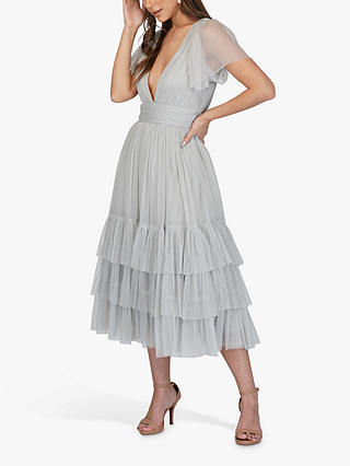 Lace & Beads Maddison V-Neck Layered Skirt Midi Dress, Light Grey 