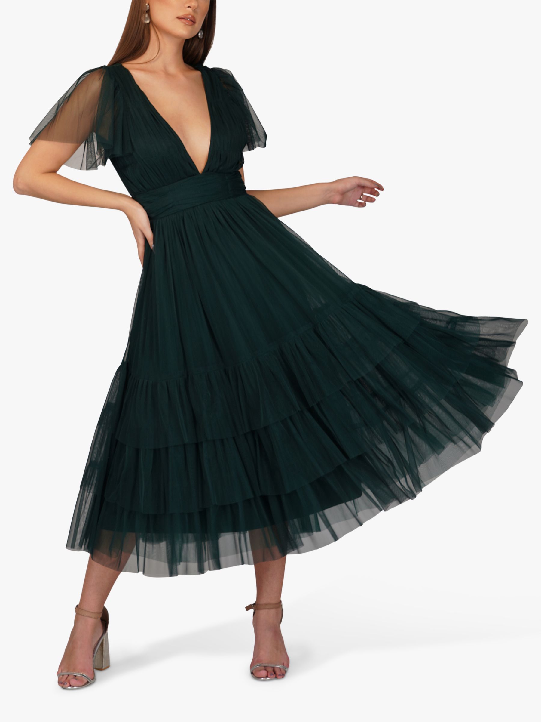 Lace & Beads Maddison V-Neck Layered Skirt Midi Dress, Dark Green at ...