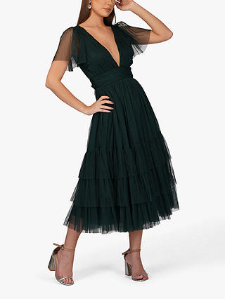 Lace & Beads Maddison V-Neck Layered Skirt Midi Dress, Dark Green 