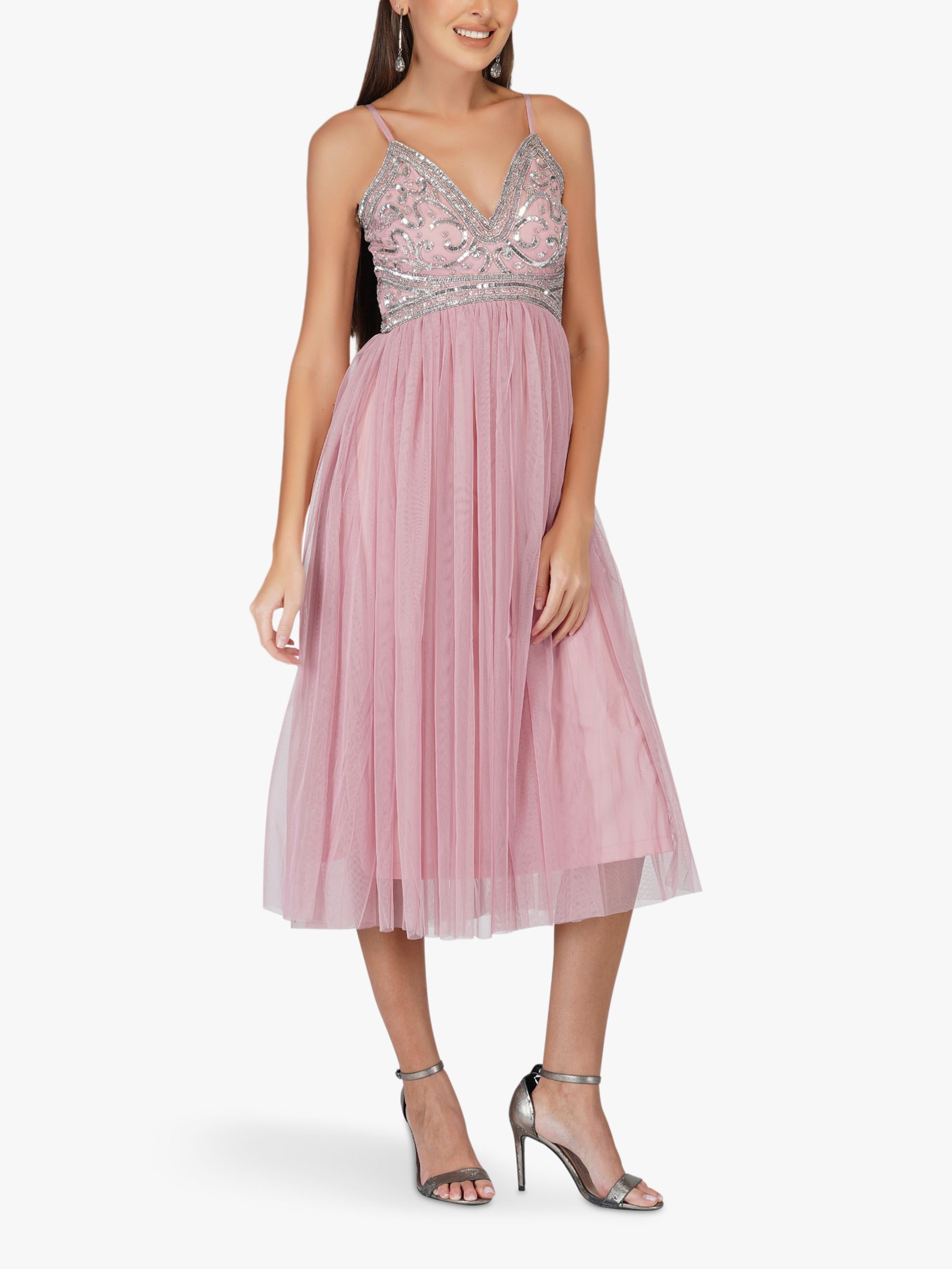 Lace & Beads Ruhi Embellished Midi Dress, Pink Mauve, 12