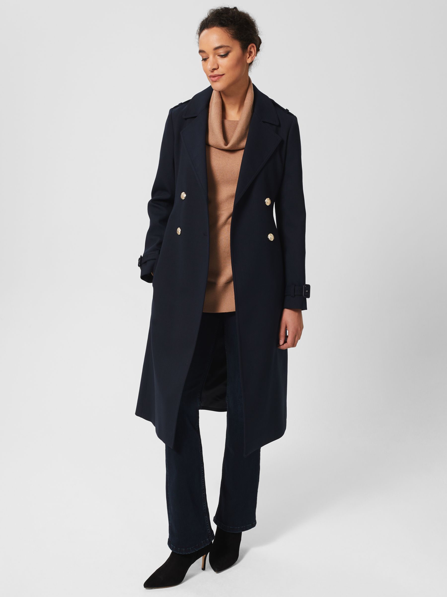 HUSH Long Wool Blend Trench Coat, Grey at John Lewis & Partners