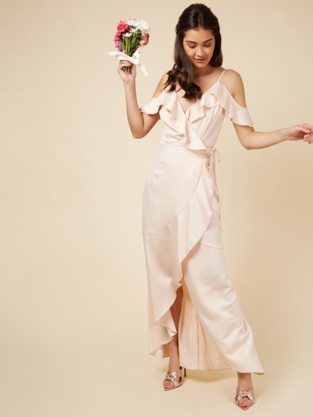 Little Mistress Cream Satin Frill Wrap Bridesmaid Maxi Dress, Cream, 6