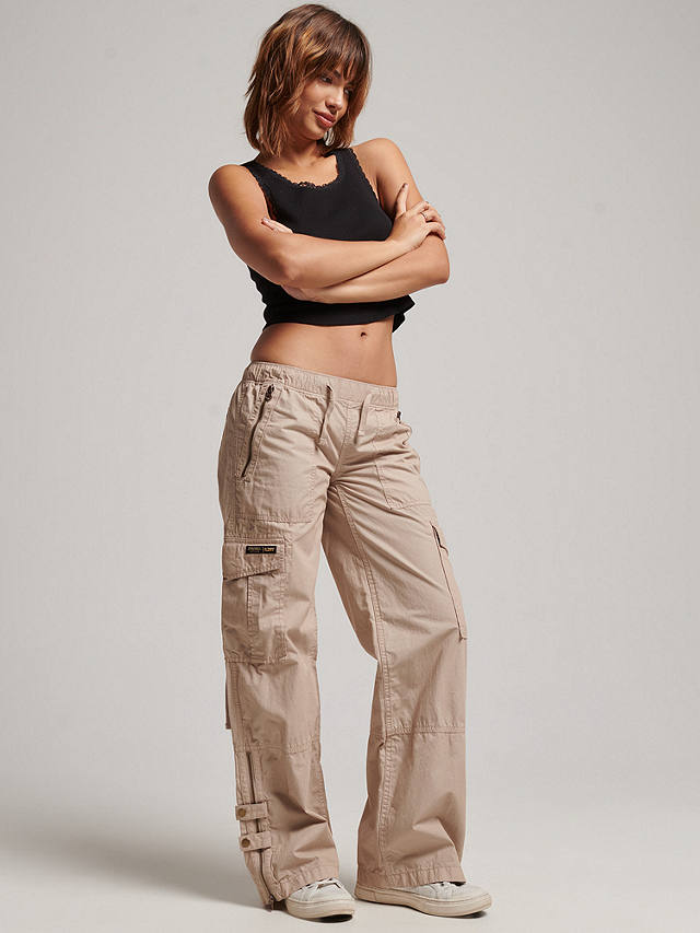 Superdry Low Rise Wide Leg Cargo Trousers, Stone Wash
