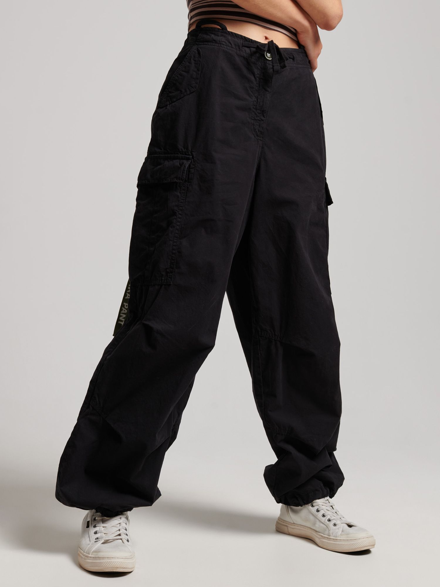 Superdry Baggy Parachute Pants, Black at John Lewis & Partners