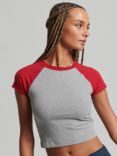 Superdry Organic Cotton Cropped Baseball T-Shirt, Grey Marl/Red