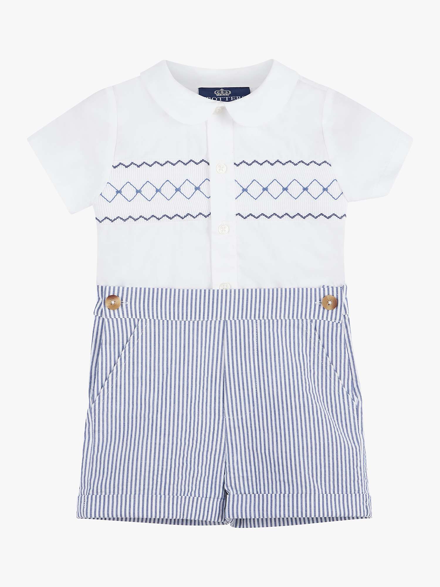 Buy Trotters Baby Rupert Smocked Short Sleeve Shirt & Shorts Set, White/Navy Online at johnlewis.com