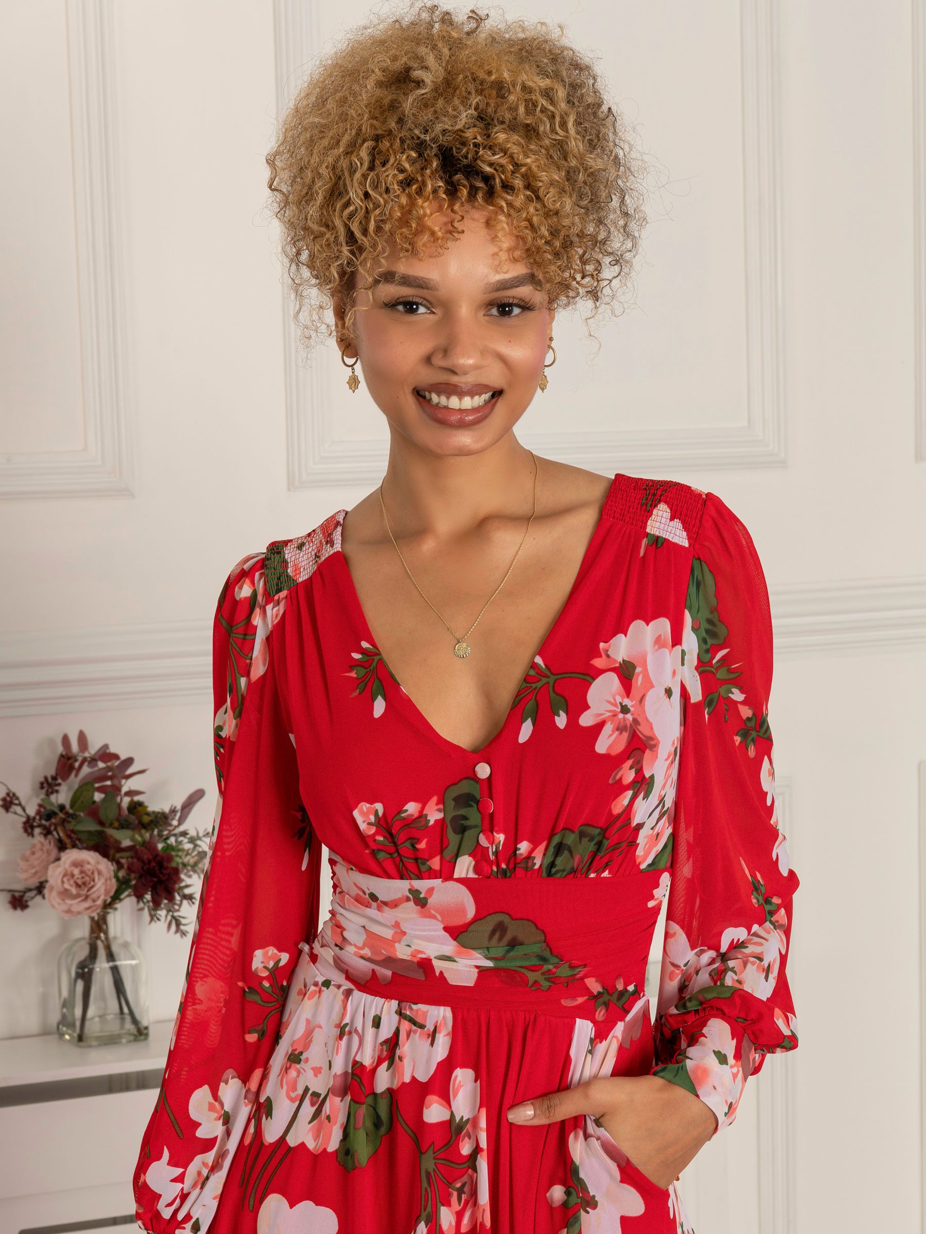 Buy Jolie Moi Renita Floral Print Mesh Midi Dress, Red Online at johnlewis.com