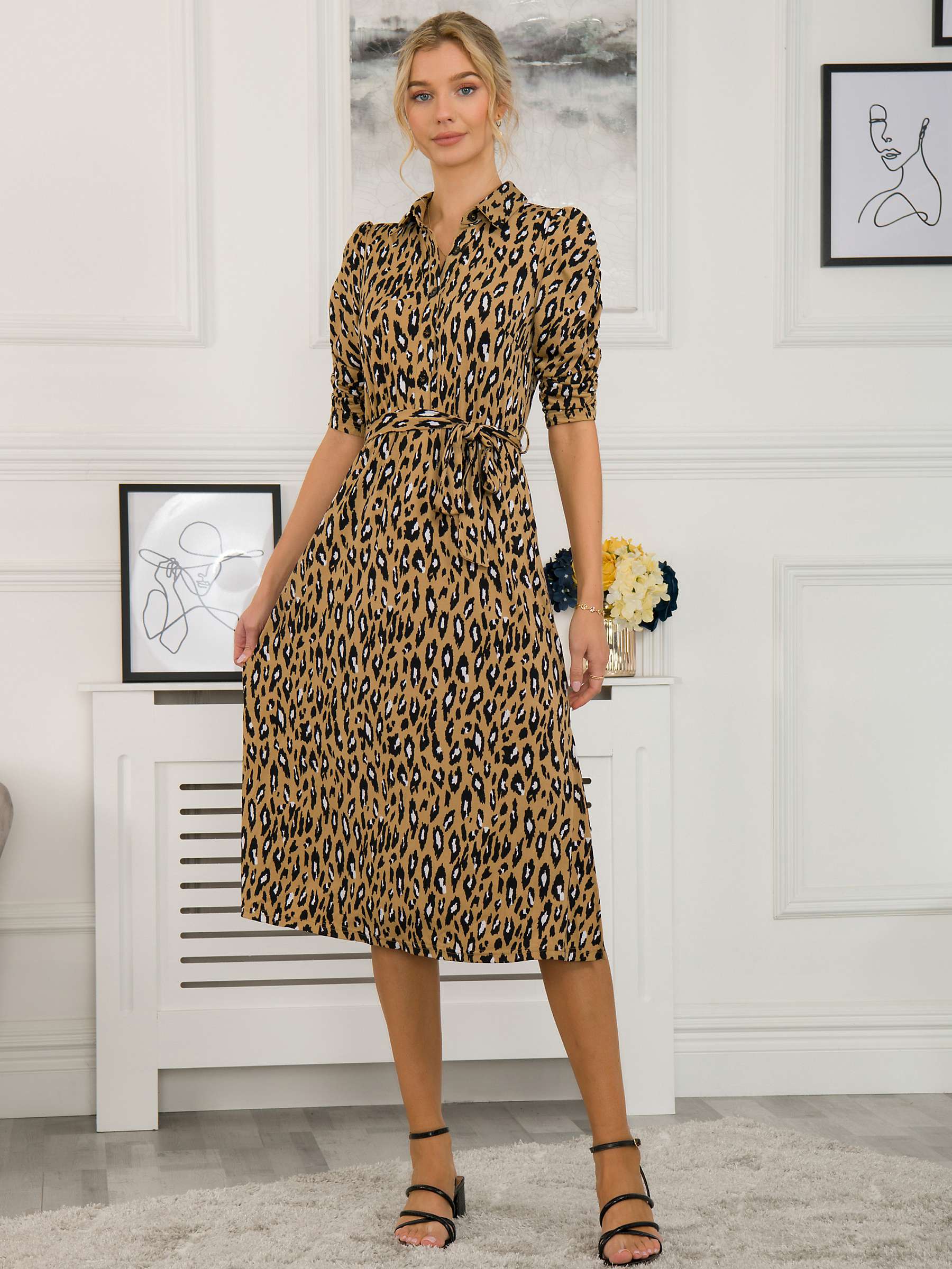 Buy Jolie Moi Calla Puff Sleeve Animal Shirt Dress, Camel Online at johnlewis.com