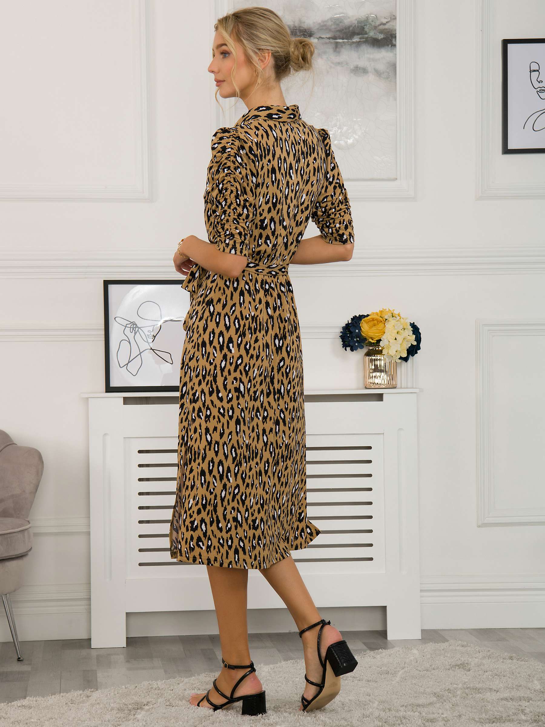 Buy Jolie Moi Calla Puff Sleeve Animal Shirt Dress, Camel Online at johnlewis.com