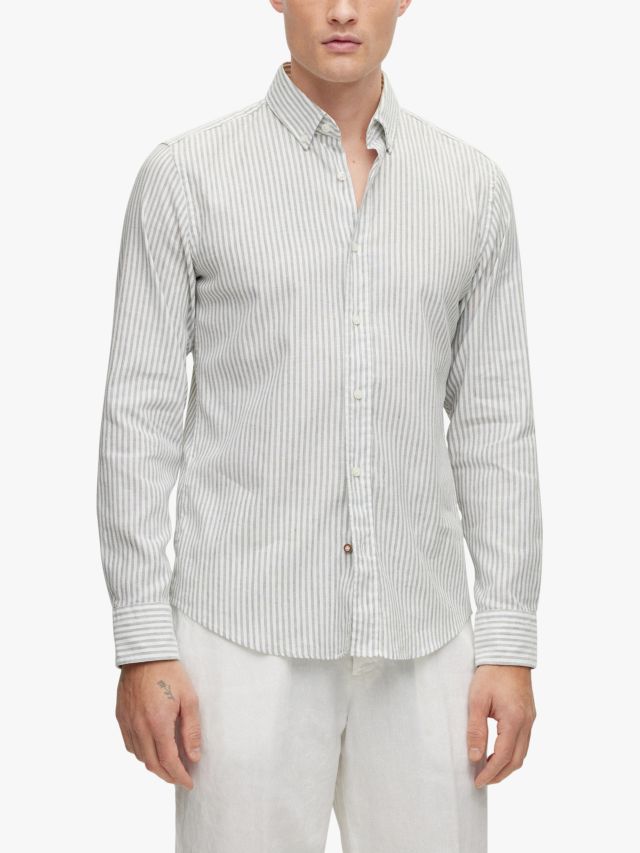 BOSS Hal Cotton Linen Blend Stripe Shirt, Open Green, 15