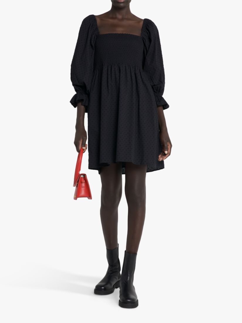 kourt Portia Linen Blend Smocked Bodice Mini Dress, Black, S