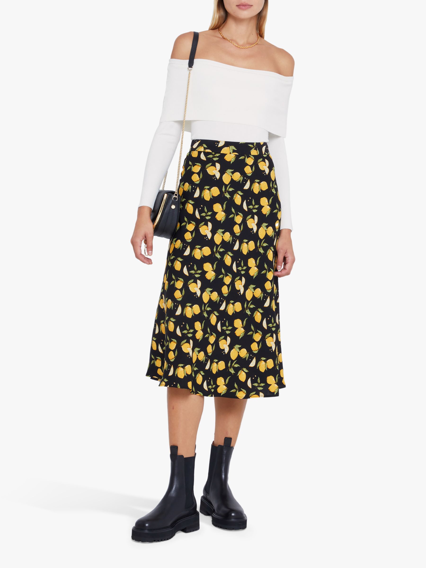 kourt Ryinn Lemon Print Midi Skirt, Black/Yellow