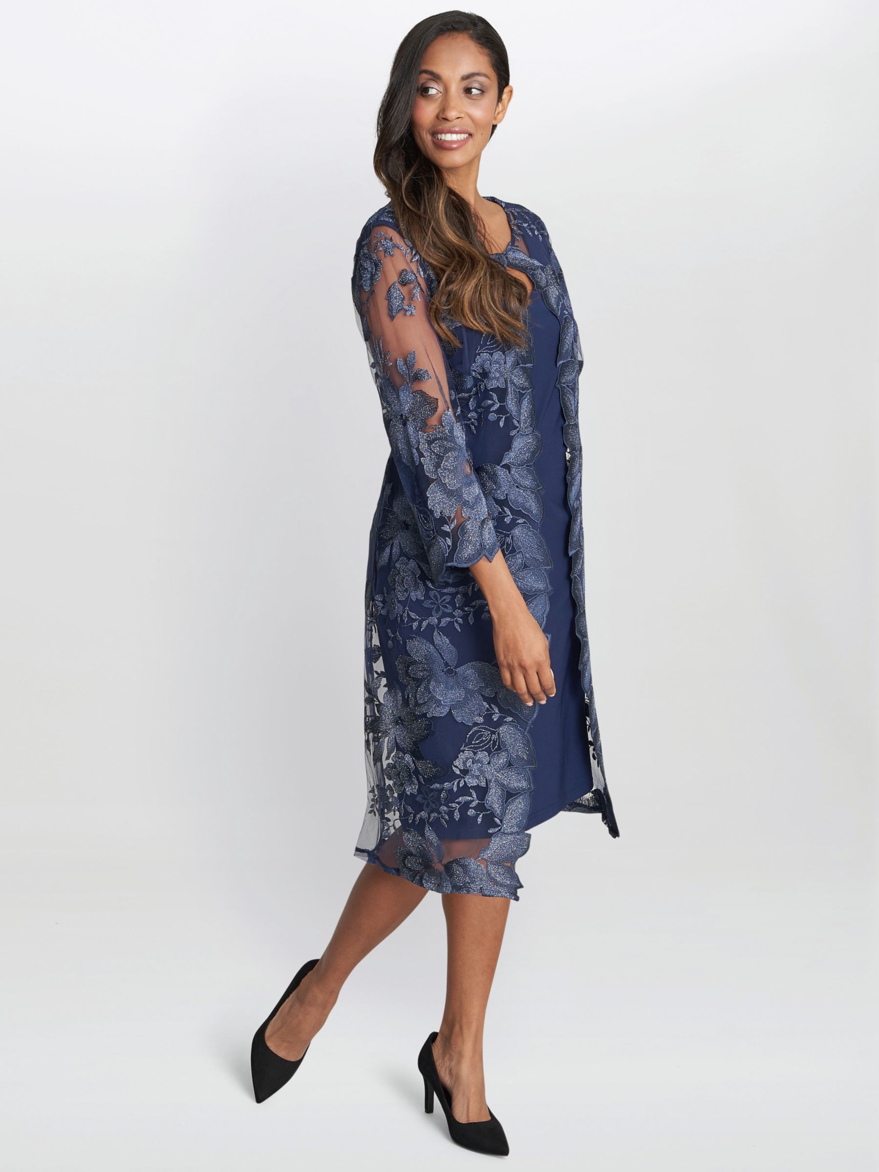 Gina Bacconi Savoy Floral Embroidered Lace Mock Knee Length Dress ...