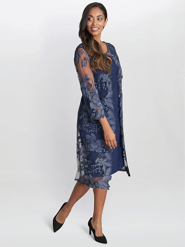 Gina Bacconi Savoy Floral Embroidered Lace Mock Knee Length Dress, Spring Navy