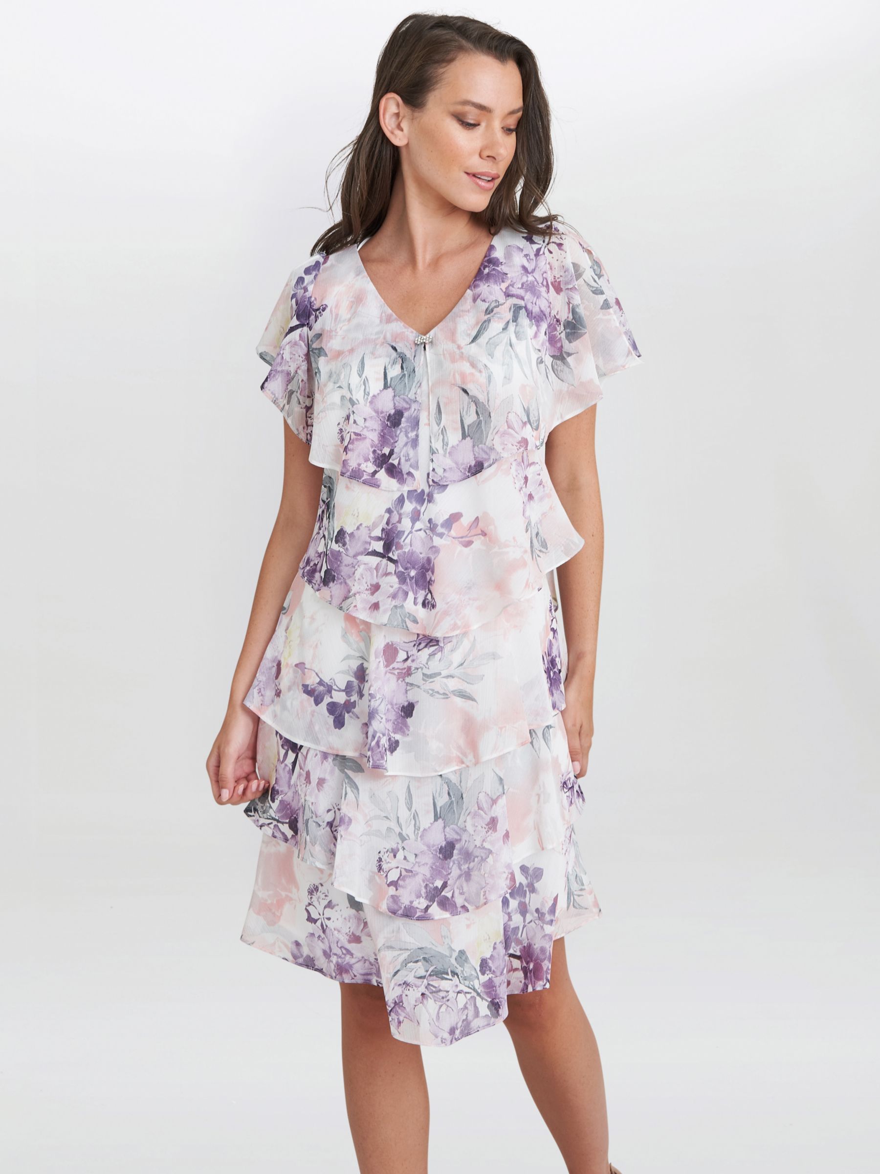 Gina Bacconi Chloe Floral Print Tiered Dress, Ivory/Multi at John Lewis ...