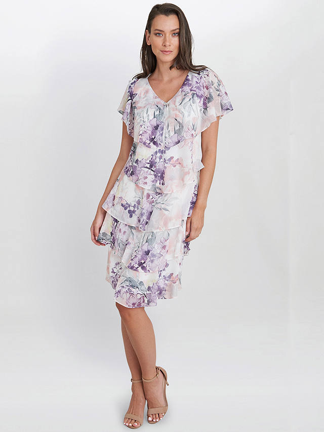 Gina Bacconi Chloe Floral Print Tiered Dress, Ivory/Multi