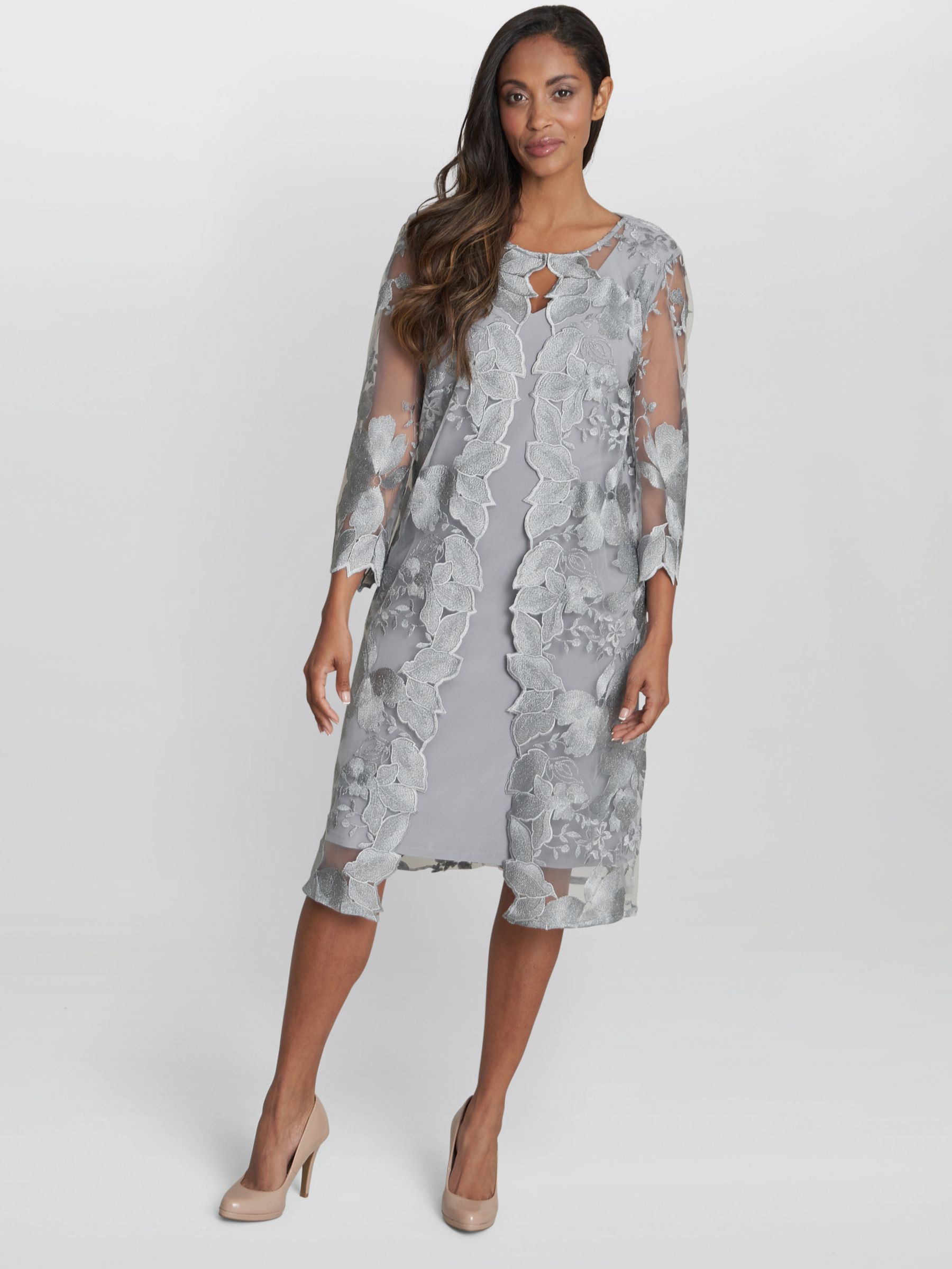 Gina Bacconi Savoy Floral Embroidered Lace Mock Knee Length Dress