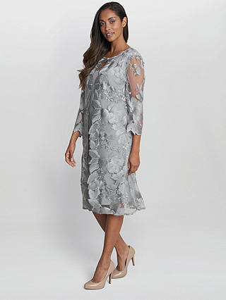 Gina Bacconi Savoy Floral Embroidered Lace Mock Knee Length Dress, Dove