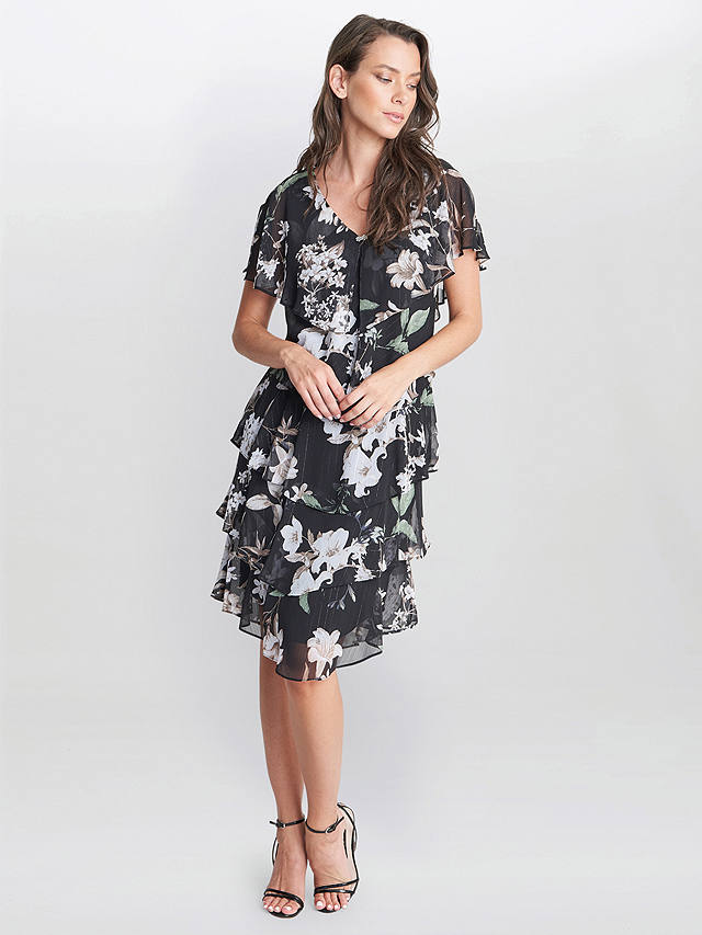 Gina Bacconi Debbie Floral Print Tiered Dress, Black/Multi