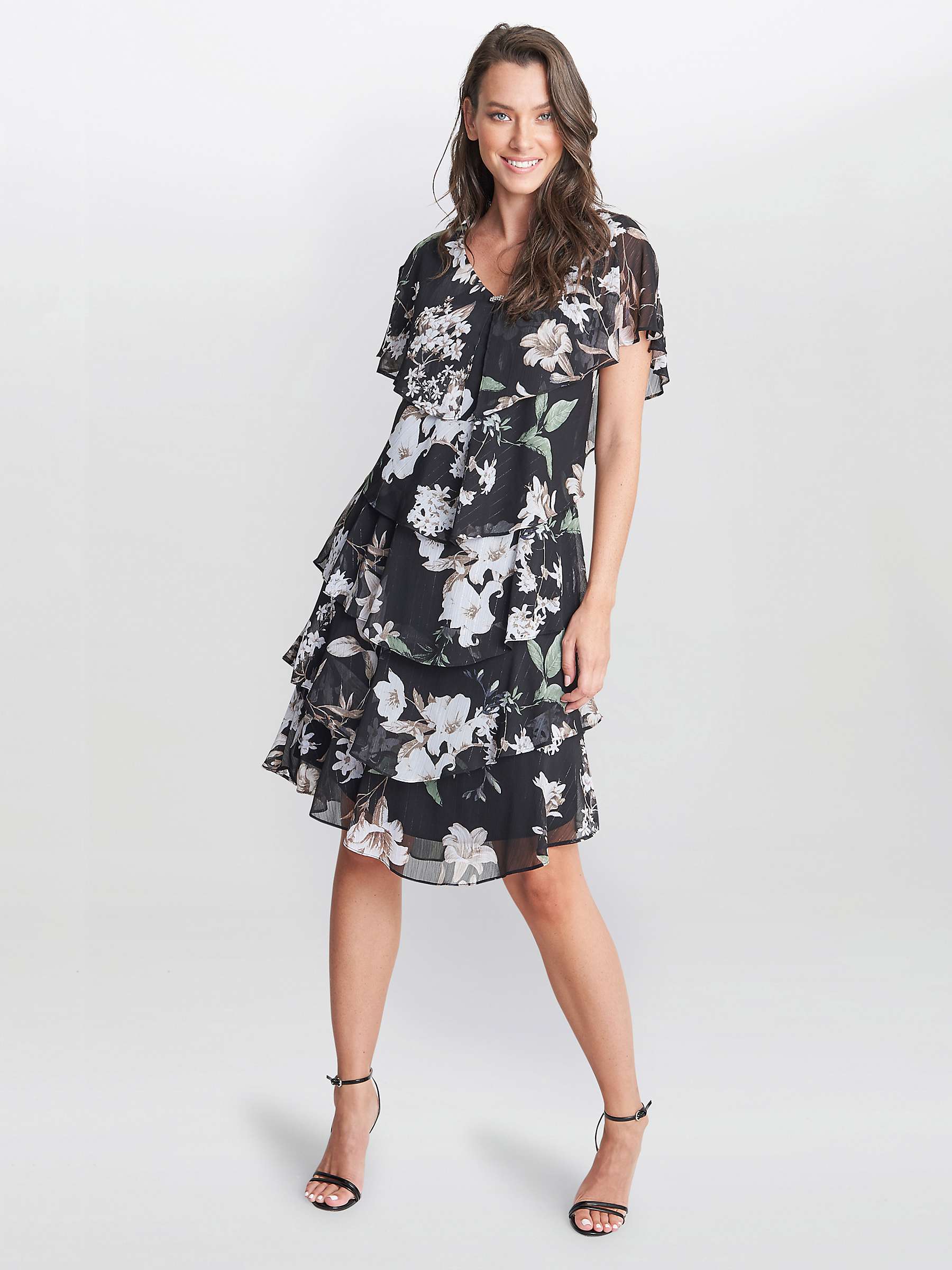 Buy Gina Bacconi Debbie Floral Print Tiered Dress, Black/Multi Online at johnlewis.com