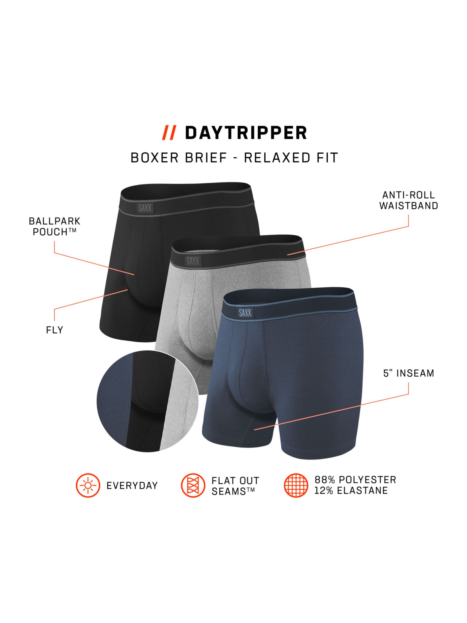 SAXX Daytripper Trunks, Pack of 3, Black/Grey/Navy at John Lewis & Partners