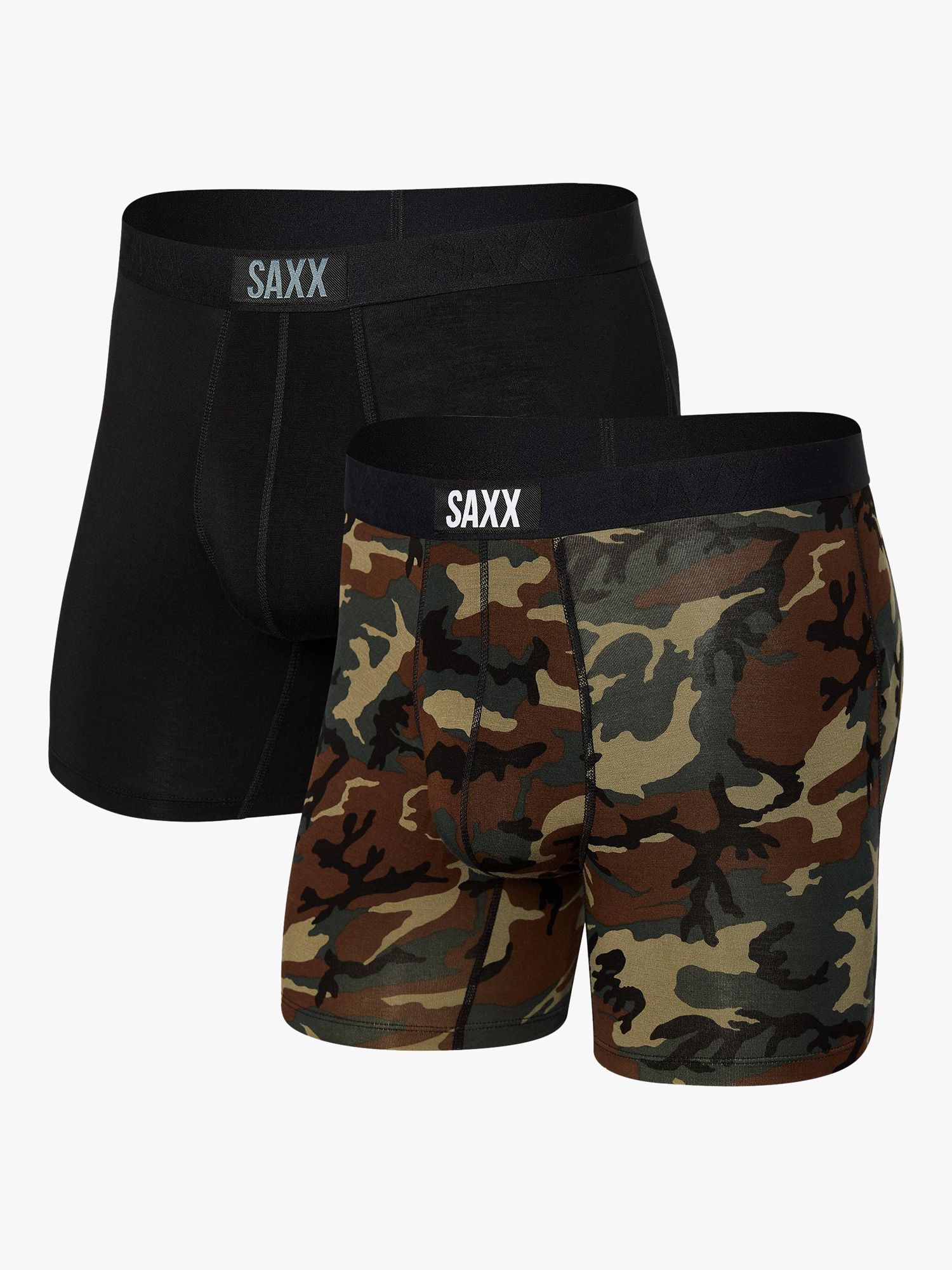 SAXX Vibe Slim Fit Woodland Camouflage & Plain Trunks, Pack of 2,  Black/Multi, S