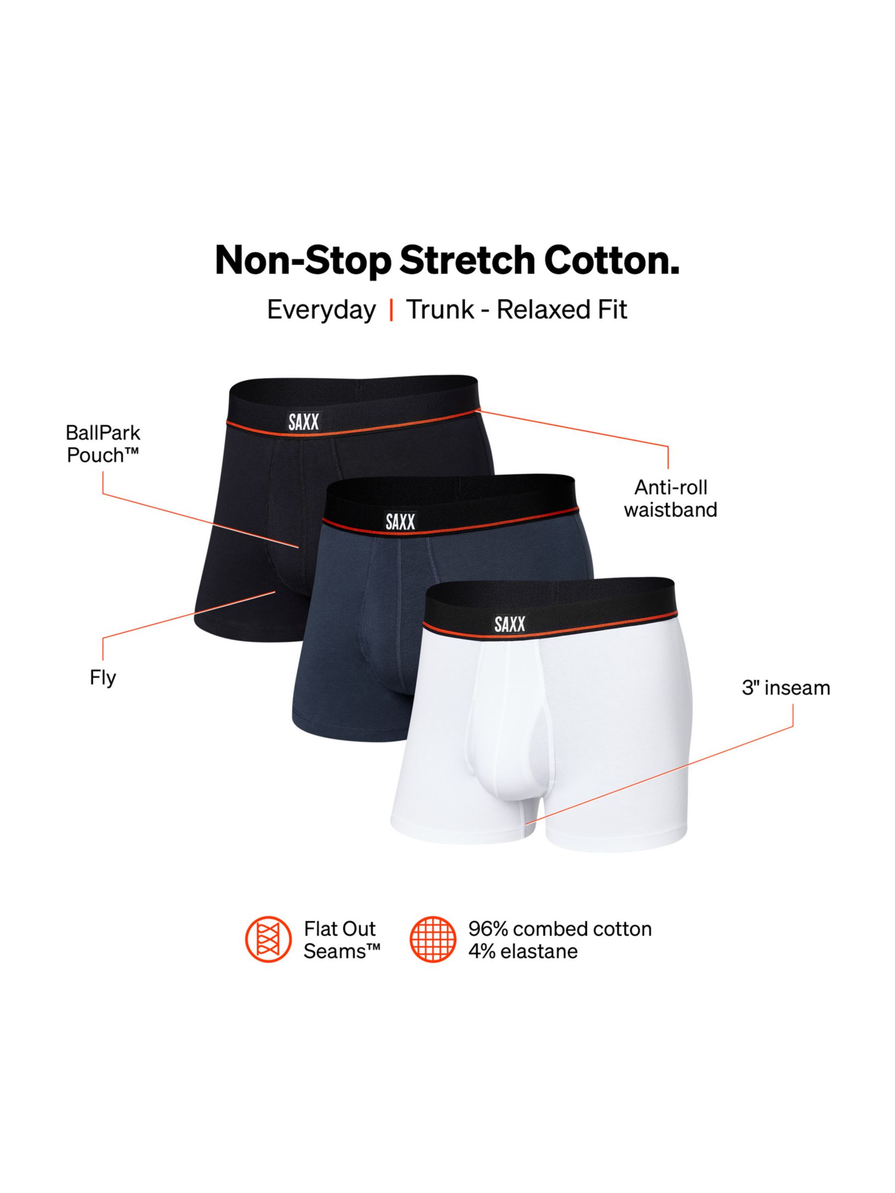 Buy SAXX Non Stop Relaxed Fit Trunks, Pack of 3, Black/Navy/White Online at johnlewis.com