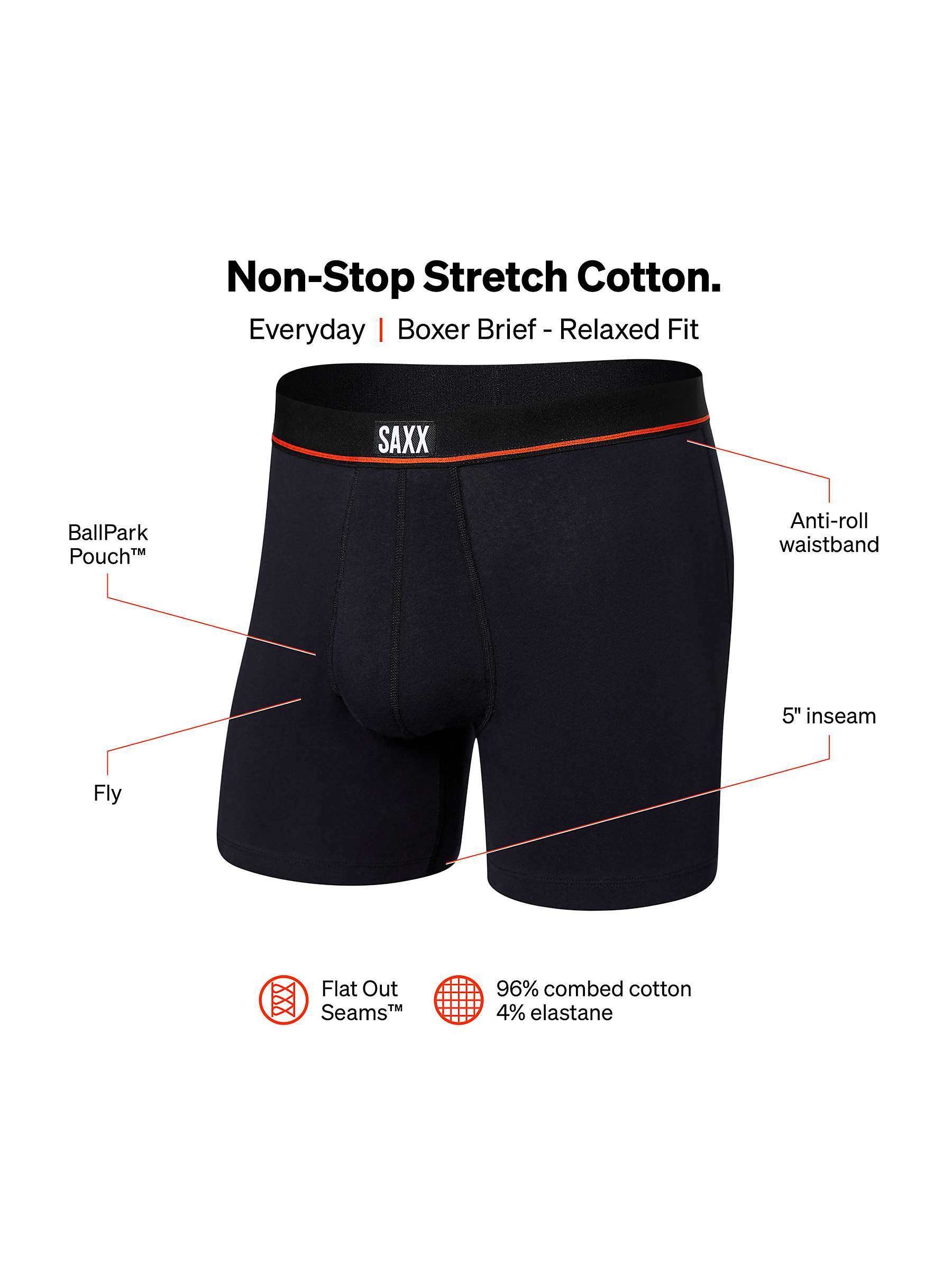 SAXX Non Stop Relaxed Fit Trunks, Black at John Lewis & Partners