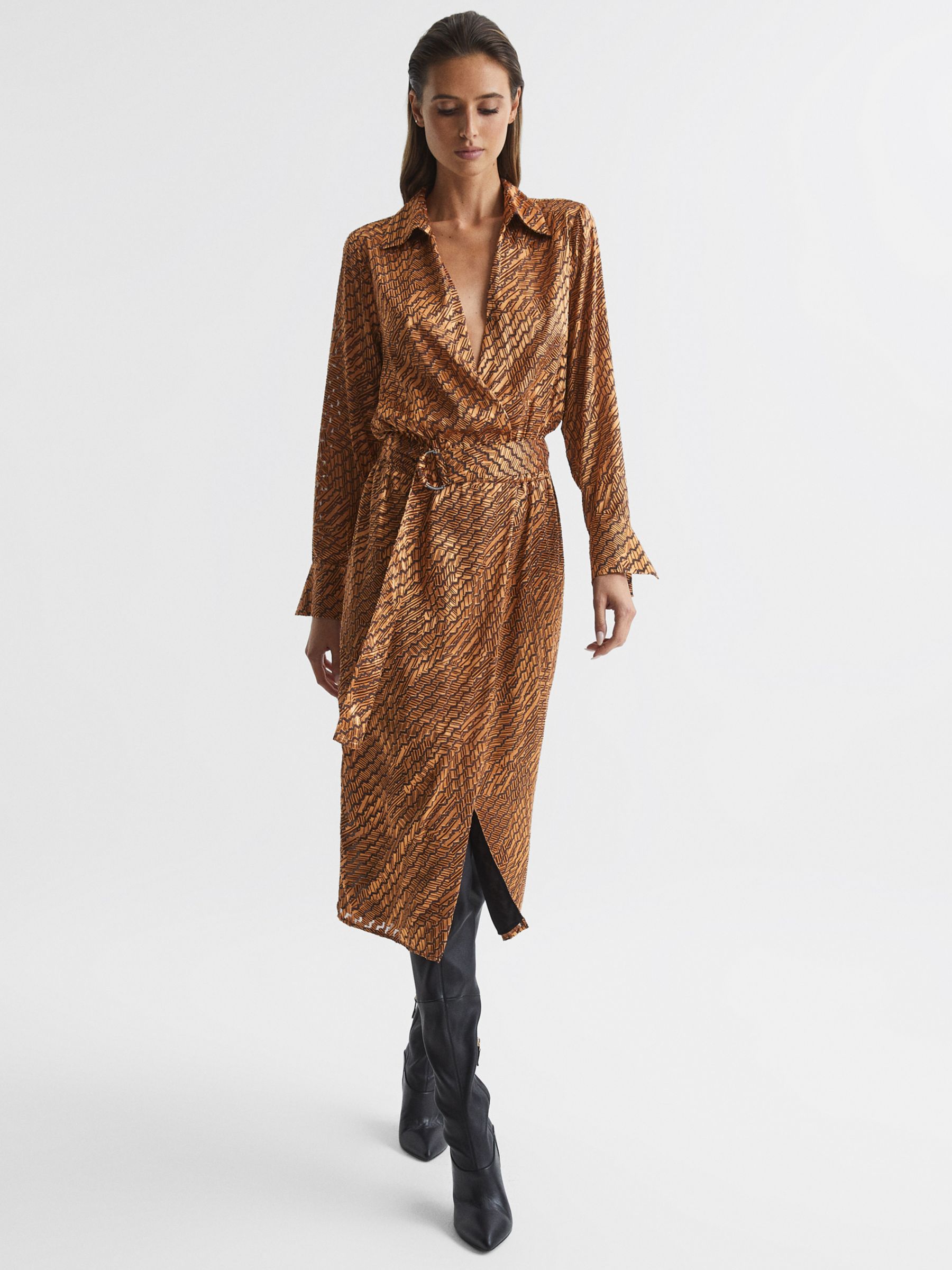 Reiss Emily Devoure Print Belted Midi Dress, Bronze, 6