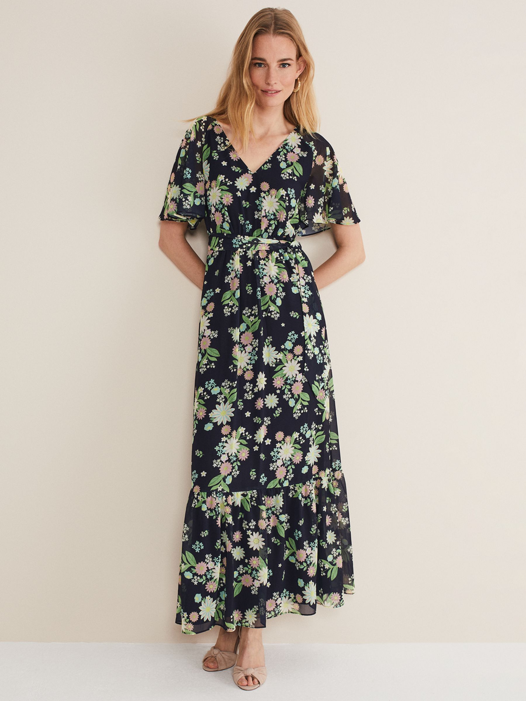 Phase Eight Georgie Tiered Floral Maxi Dress, Navy/Multi, 6