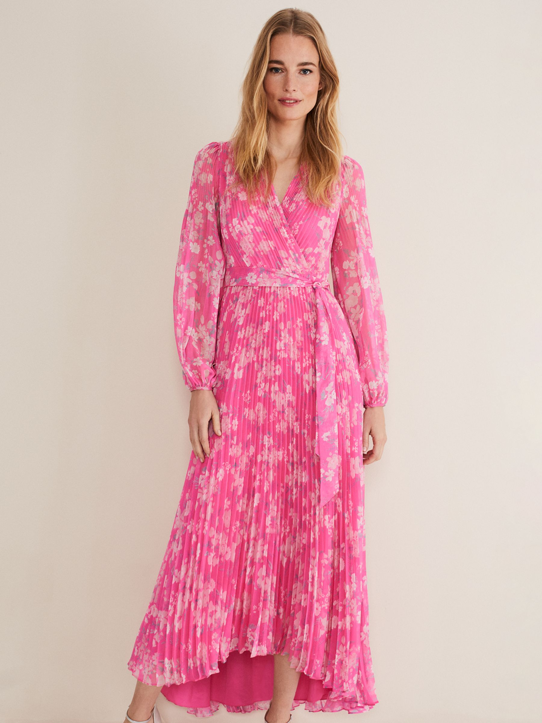 Phase Eight Hayley Pleated Floral Maxi Dress, Neon Pink
