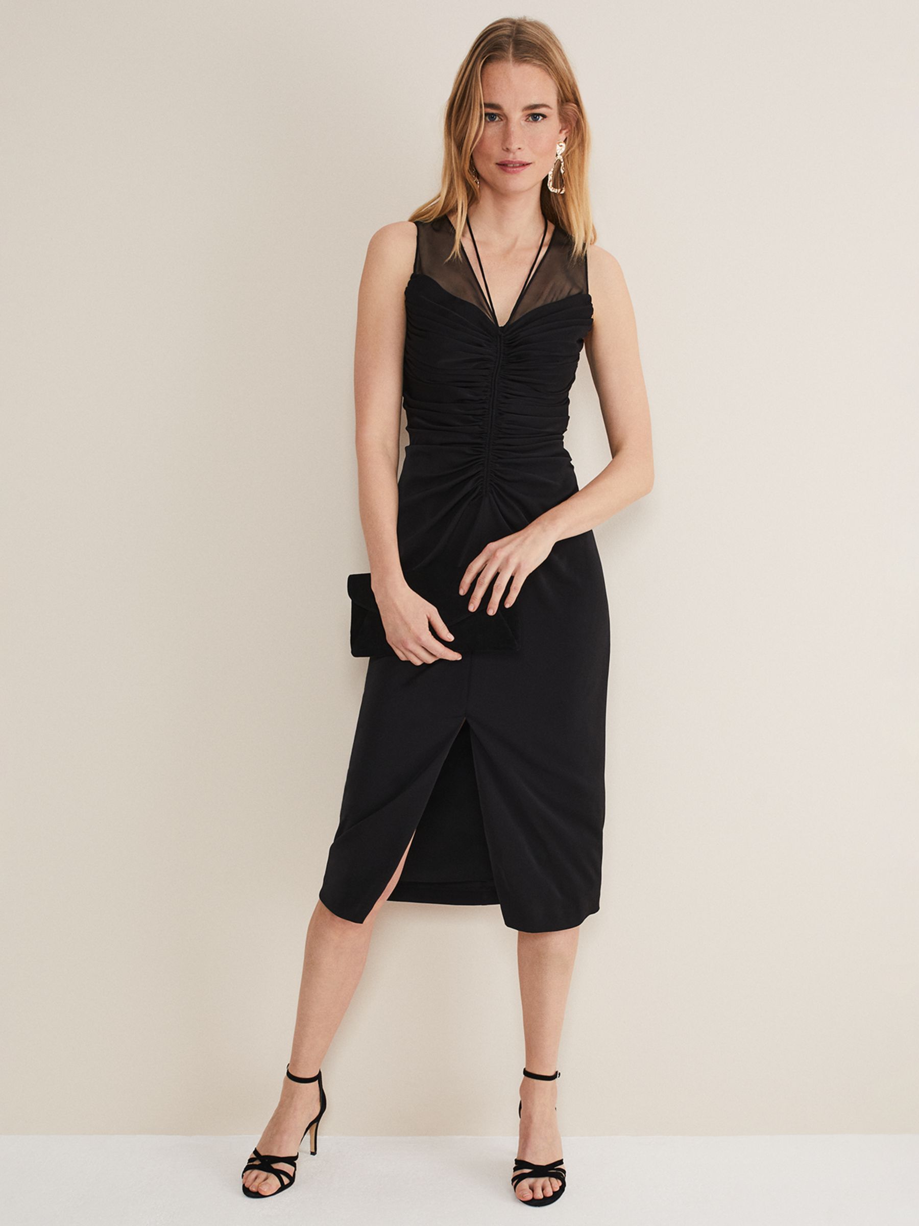 Phase Eight Leah Ruched Midi Dress, Black at John Lewis & Partners