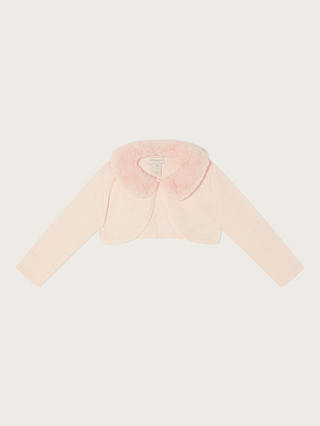 Monsoon Baby Cotton Faux Fur Trim Cardigan, Pink