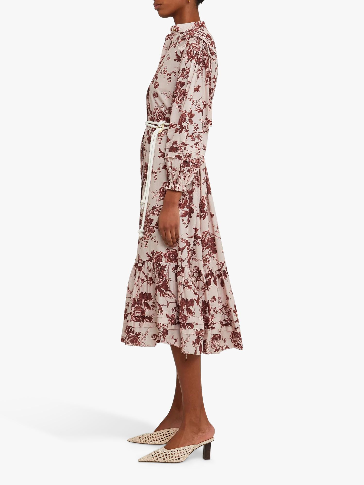 o.p.t Seko Tiered Hem Floral Midi Dress, Maroon/Multi, S
