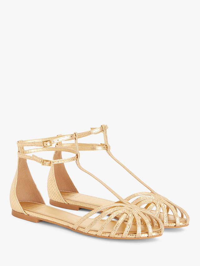 John Lewis Musical Leather Caged Footbed Sandals, Gold, 3