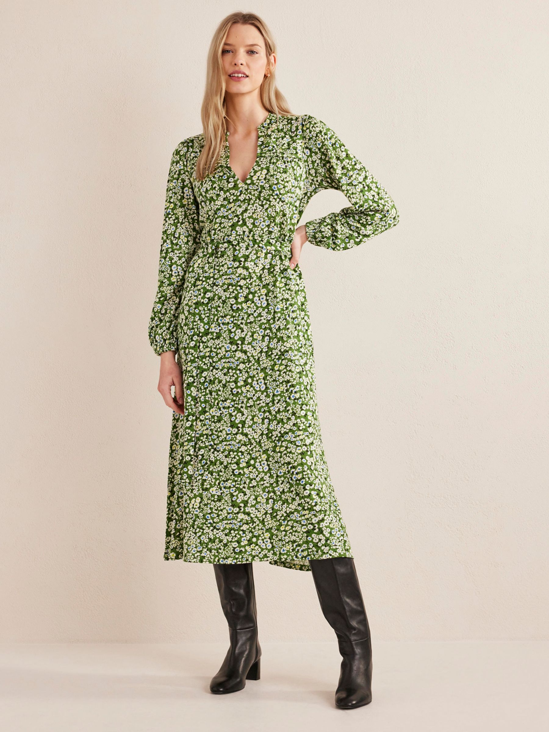 Boden Notch Neck Pintuck Midi Dress, Green, 8