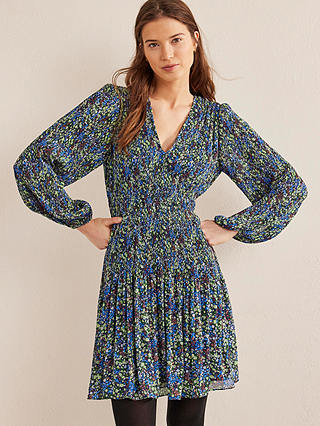 Boden Printed Plisse Mini Dress, Blue/Multi