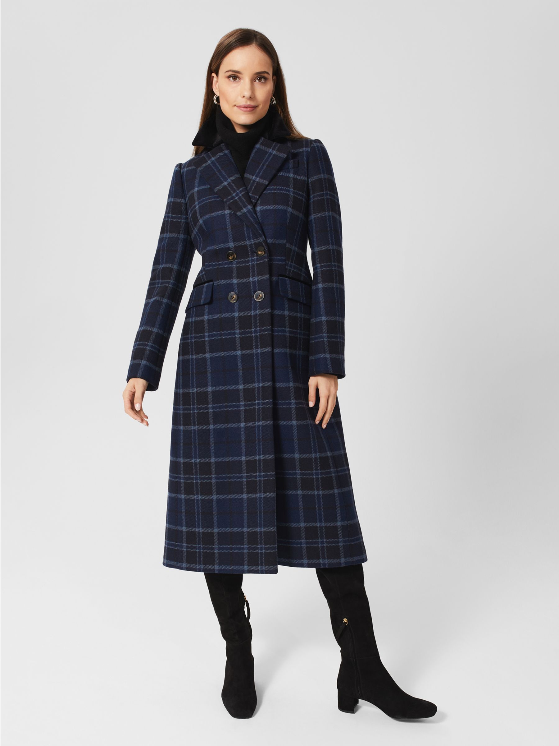 Hobbs Patricia Double Breasted Check Coat, Blue/Multi at John Lewis ...
