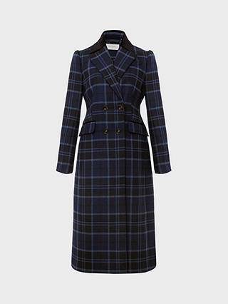 Hobbs Patricia Double Breasted Check Coat, Blue/Multi