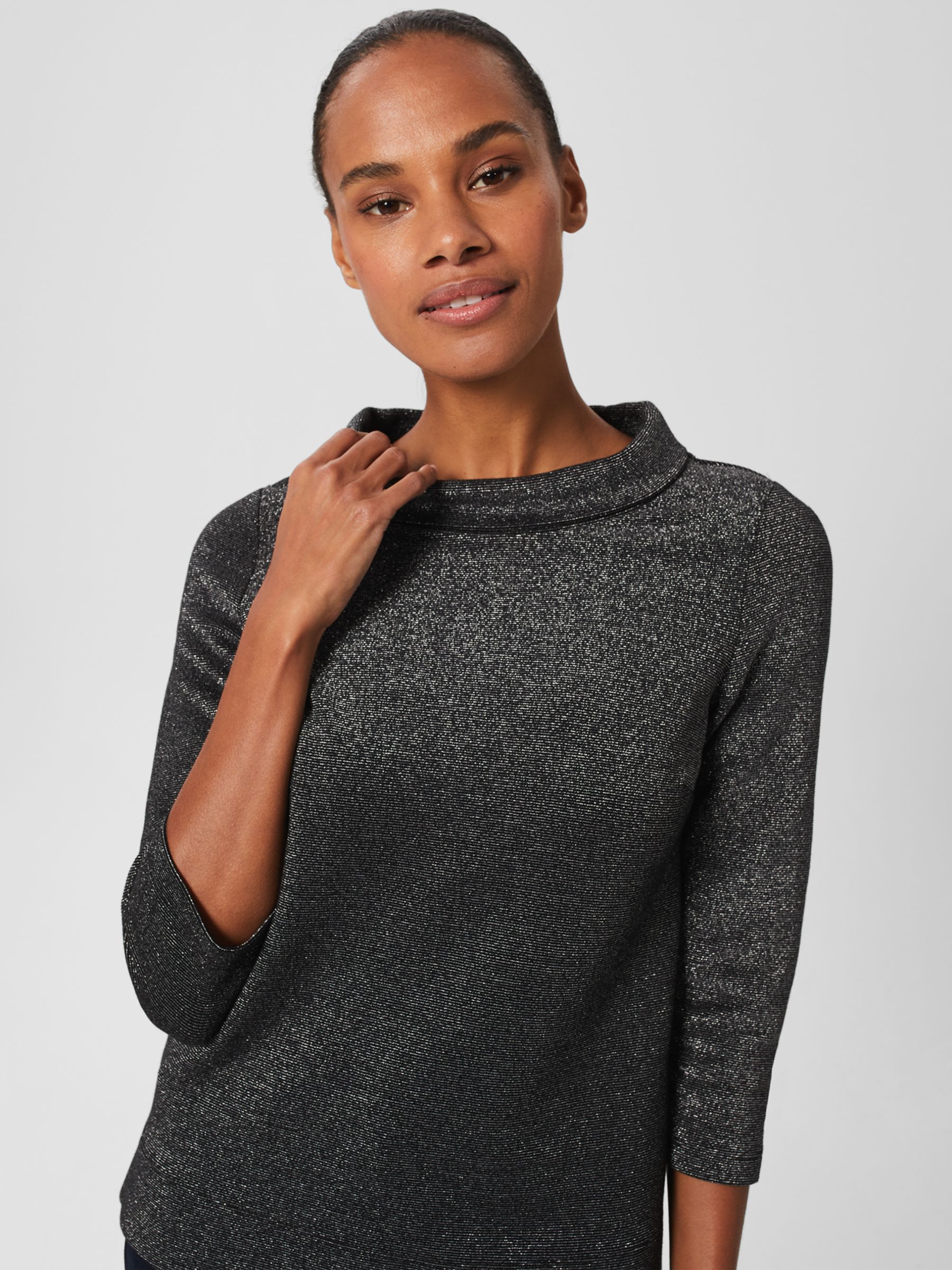 Hobbs Betsy Sparkle Roll Neck Top, Black/Silver at John Lewis & Partners