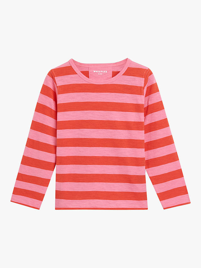 Whistles Kids' Cotton Stripe Long Sleeve Top, Pink